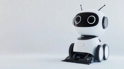 This AI robot designed for domestic tasks operates autonomously, vacuuming the floors in a clean, spacious environment