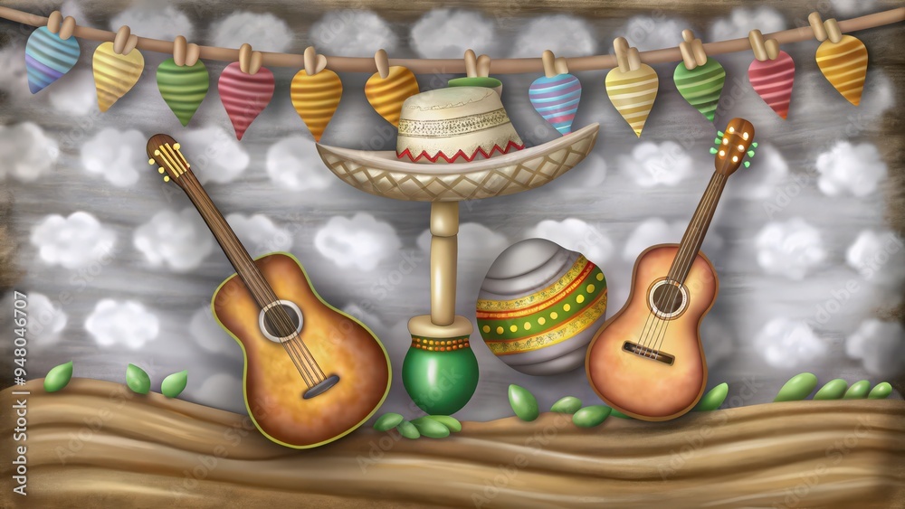 Wall mural mexican music and party decorations on a wooden background