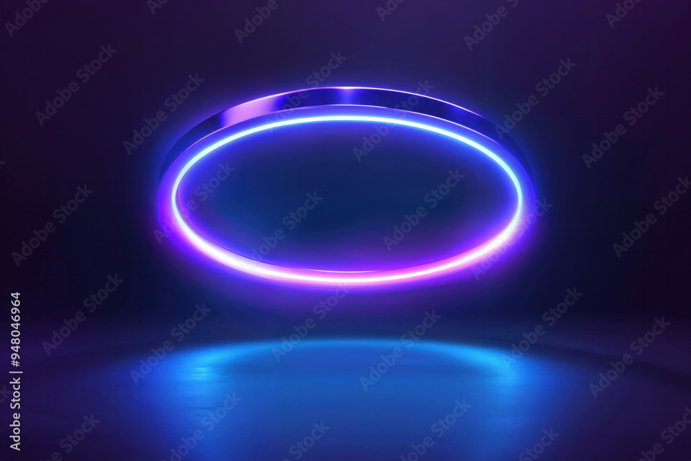 Poster neon circle is floating over a blue and purple colors with a dark background