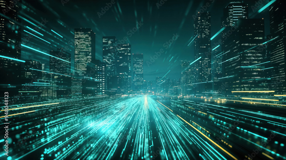 Poster futuristic city skyline with fast-moving light trails, symbolizing digital data transfer at night. d
