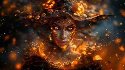 A powerful witch exudes energy with a hat decorated in glowing pumpkins and swirling autumn leaves, surrounded by a magical, fiery aura during twilight