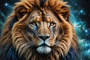 Naklejka premium Lion head over colourful nebulas and starry night sky. Concept of a totem animal, powerful Universe, ancient believes and mythology. Amazing digital illustration. CG Artwork Background