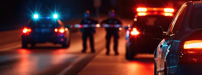 Police officers blocking a road during a nighttime incident with flashing lights from multiple patrol cars. The image captures the urgency and seriousness of the situation.