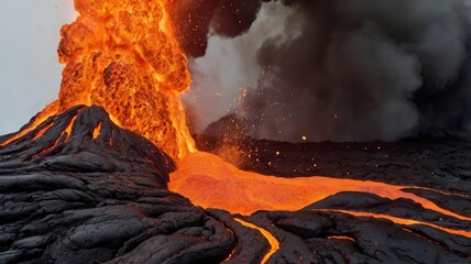  Lava flowing from erupting volcano, white background