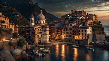 Fototapeta premium Charming coastal village in Italy at dusk with boats and historic architecture by the water