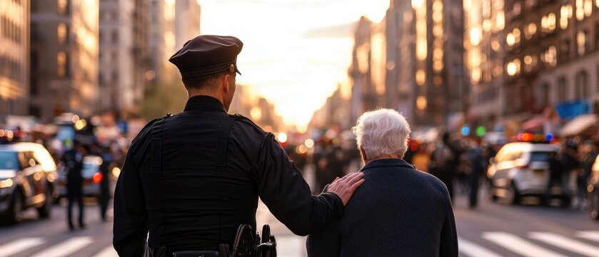 Police officer is assisting an elderly man on a busy city street during daylight. The image highlights compassion and community service within law enforcement.