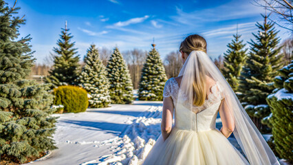 Fototapeta premium A bride walks through a snow-covered pathway lined with evergreen trees on a sunny winter day