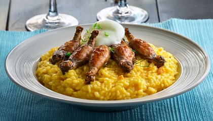 Fried frog legs on saffron risotto with champagne foam