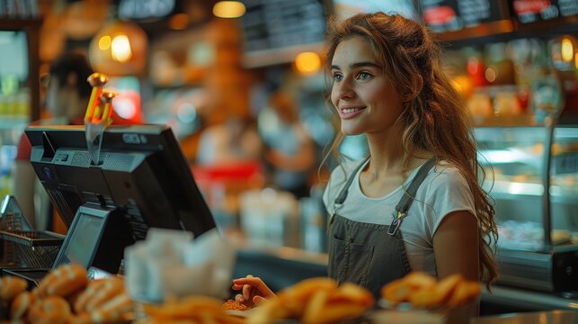 A friendly cashier assisting a customer with a payment at a fast-food restaurant, processing the order quickly
