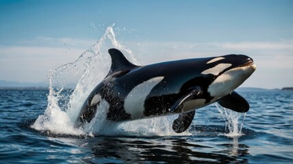 Fototapeta premium Leaping orca with water splash, transparent background