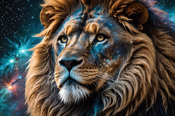 Naklejka premium Lion head over colourful nebulas and starry night sky. Concept of a totem animal, powerful Universe, ancient believes and mythology. Amazing digital illustration. CG Artwork Background
