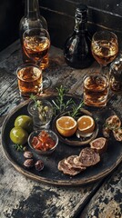 Fototapeta premium A selection of shot drinks paired with olives, meats, and citrus slices is artfully displayed on a wooden table in a relaxed bar setting