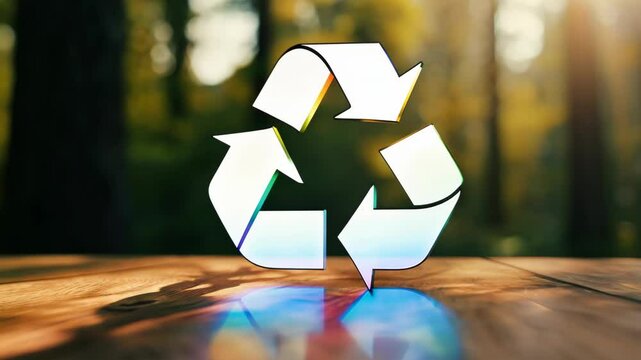 Brightly colored recycling symbol made of plastic stands on a wooden surface in a lush forest during the afternoon sunlight