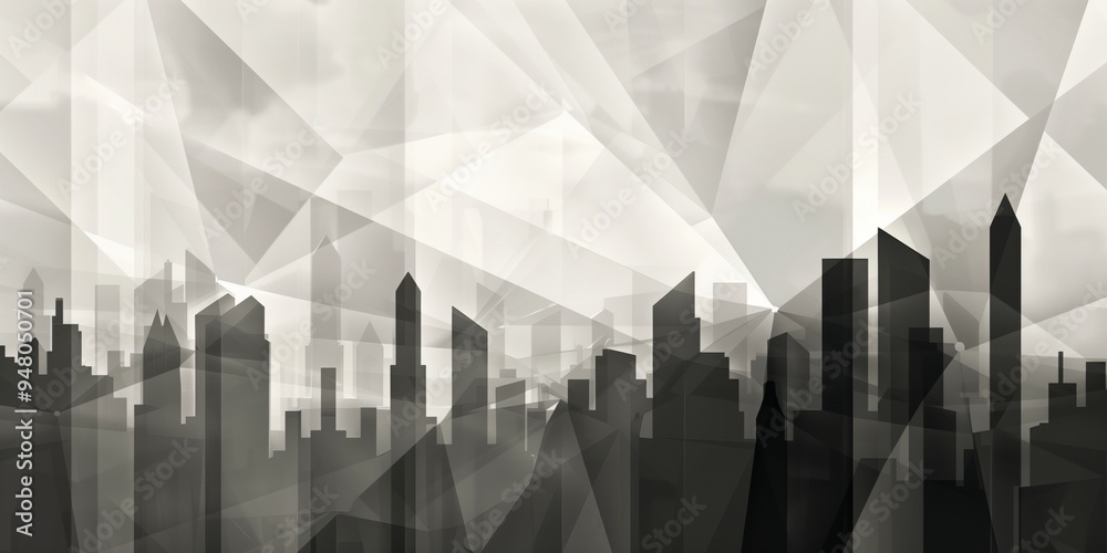 Wall mural Abstract background with city skyline silhouette and white triangular shapes with deep shadows.