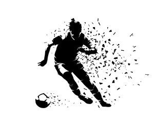 Female football player running with ball, soccer, isolated vector silhouette