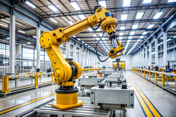 Robotic arm operates on an assembly line in a modern manufacturing facility during the day