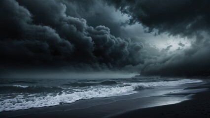 Obraz premium Stormy skies loom over a wild beach at dusk, waves crashing ashore background