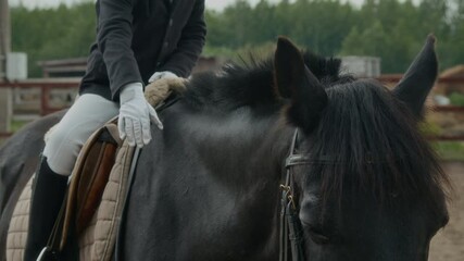 Caucasian boy with Down syndrome wearing horse riding outfit sitting in saddle on black mare and tenderly stroking it after young female equestrian showing him how to do it right