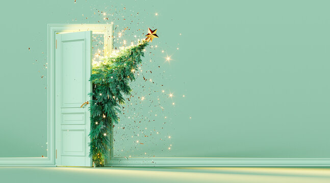 Christmas tree enters the door. Christmas is here concept on mint green background with copy space. 3D Rendering, 3D Illustration	