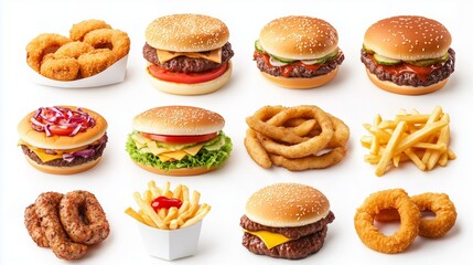 A variety of delicious fast food items featuring burgers, chicken nuggets, and fries on a bright background