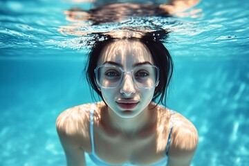 Naklejka premium Happy young woman swimming underwater in the sea at the day time. Healthy lifestyle concept 