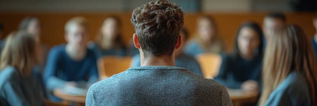 A young man is sitting in the center of his group therapy session, with other people standing around him and talking to each other The focus on the back view captures their silhouettes