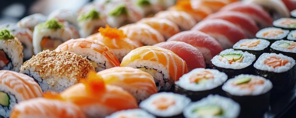 Artisanal Sushi Platter with Variety of Rolls, Elegant Japanese Presentation, Fresh Seafood, Pickled Ginger, Wasabi, Sushi Bar, Japanese Restaurant, Sushi Menu, Delicious Sushi, Sushi Delivery, Order