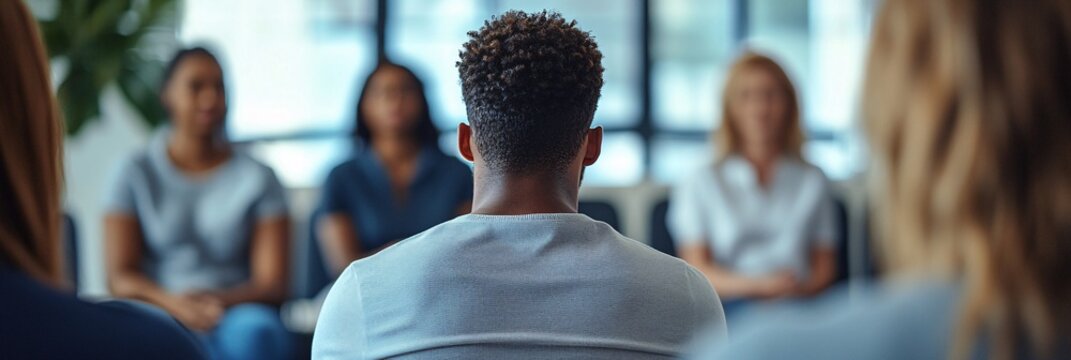A young man is sitting in the center of his group therapy session, with other people standing around him and talking to each other The focus on the back view captures their silhouettes