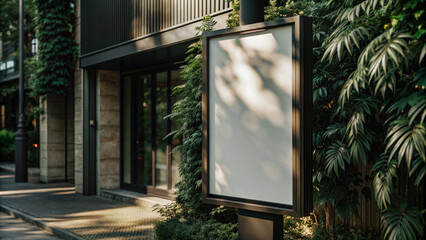 Blank advertisement board surrounded by greenery on a sunlit urban street in the afternoon