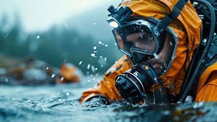 A rescue diver searches for a missing person in a murky river.