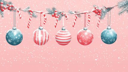 Christmas theme with Christmas baubles and candy canes hanging on a line against pink background
