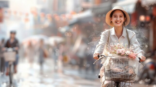 A young woman delivers food on her bicycle in a bustling city.