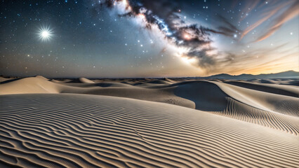 Naklejka premium A tranquil night in the desert with a stunning view of the Milky Way over rippled sand dunes
