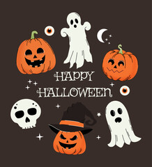 Halloween banner. Horror elements. Collection of Hand drawn shapes. Trendy doodle. Ghost. Autumn. October 31. Saints' Day. Stickers and icons. Jack o lantern. Pumpkin, bones, eye, scull