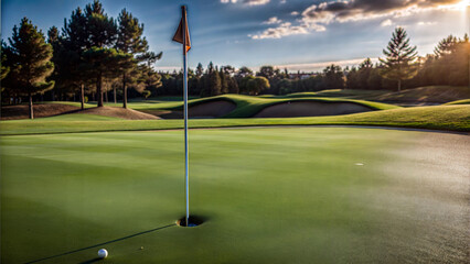 Obraz premium Golf course at sunset with a flag and a white ball near the hole