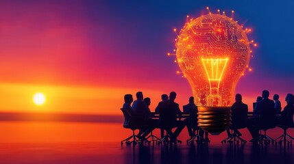 Naklejka premium Illuminated AI Innovation in Boardroom Meeting - Business Leaders Strategizing with Lightbulb Concept and Copy Space