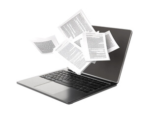 a laptop with papers flying out of it