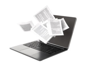 a laptop with papers flying out of it