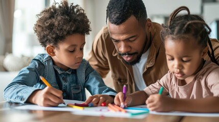 Fototapeta premium Father with two small children drawing pictures at home, multi ethnic family and home schooling.