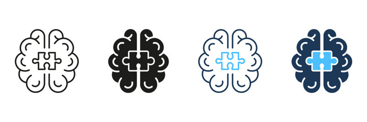 Jigsaw, Human Mind Concept Line and Silhouette Icon Set. Puzzle and Brain Symbol Collection. Editable Stroke. Isolated Vector Illustration