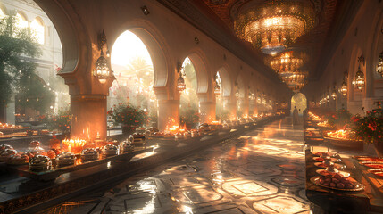 Fototapeta premium a long hallway with persony lit candles