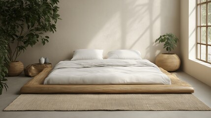 Minimalist contemporary bedroom featuring a low-profile bed with white linens, light wooden nightstand, and ample natural light
