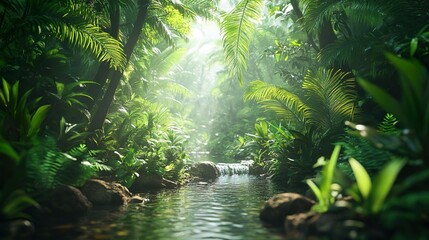 Fototapeta premium Dense Tropical Rainforest with Sunlight Filtering Through the Canopy and Illuminating the Lush Greenery