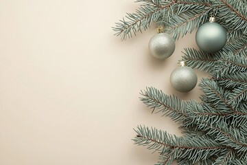 Christmas composition. Christmas tree branches, pine cones, balls on beige background. Flat lay, top view, copy space