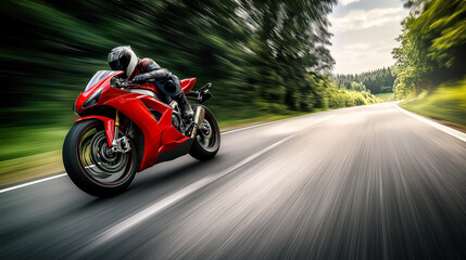Fototapeta premium Motorcyclist riding a red sport bike on a curvy road. A rider in full gear speeds down a winding road, with motion blur emphasizing the high speed