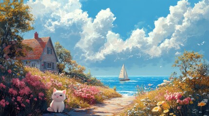 Kitty in cute pink by the sea