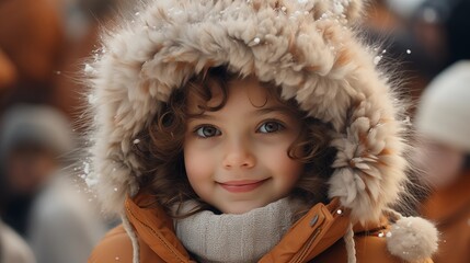 Cute child with happy face wearing a warm hat and warm jacket surrounded with snowflakes. Winter holidays concept.