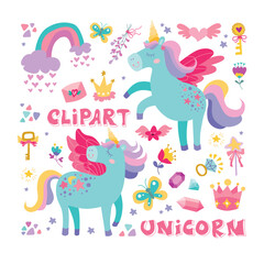Cute unicorns set. Vector collection with fairytale characters, animals with horns