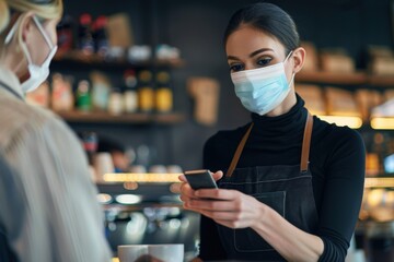 young barista and Modern woman paying contactless at cafe wearing face protective mask to prevent Coronavirus and other diseases