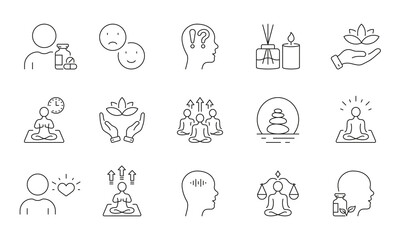 Fototapeta premium Wellness Line Icon Set. Relaxation, Meditation and Aromatherapy Outline Pictogram. Meditation Practice Yoga and Zen Icon. Healthy Lifestyle Icon. Editable Stroke. Isolated Vector Illustration